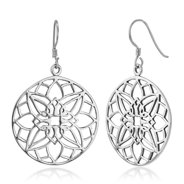 925 Sterling Silve Open Filigree Detailed Mandala Lotus Flower Round Dangle Hook Earrings 1.7" - CT12I6MS5Z7