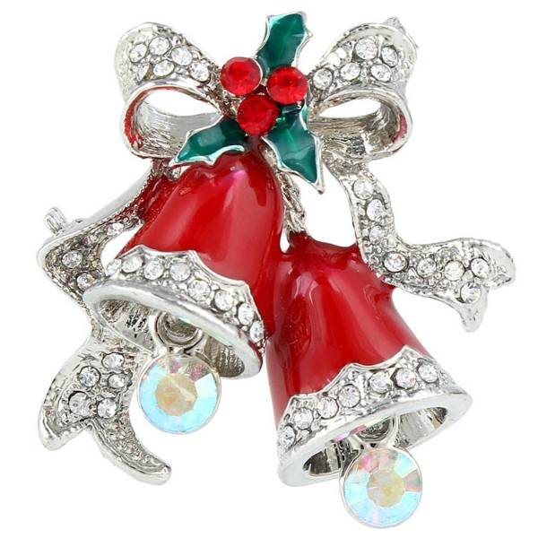 EVER FAITH 2 Red Jingle Bell Mistletoe Bowknot Brooch Austrian Crystal - Silver-Tone - CW11PYU7QEB