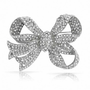 Bling Jewelry Clear Crystal Ribbon Bridal Brooch Bow Pin Silver Plated - CP11B8X10NB