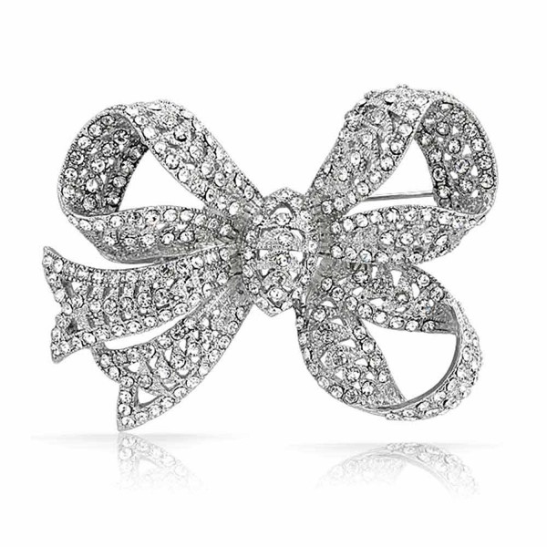 Bling Jewelry Clear Crystal Ribbon Bridal Brooch Bow Pin Silver Plated - CP11B8X10NB