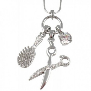 Crystal Barber Hair Dresser Scissors Shears- Brush and Crystal Multi Charm Necklace with 18" Chain - Silver - CS119FF8DST