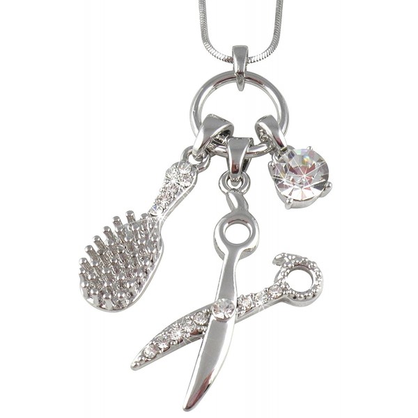 Crystal Barber Hair Dresser Scissors Shears- Brush and Crystal Multi Charm Necklace with 18" Chain - Silver - CS119FF8DST