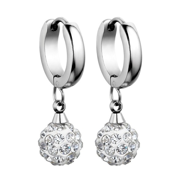 Flongo Women's Charm Stainless Steel Bling Clear Rhinestone Princess Round Disco Ball Hoop Huggie Dangle Earrings - CO11UG0O90N