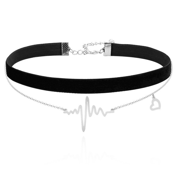 ELBLUVF Stainless Steel 18K Plated Heart Beat Love Cardiogram ECG Black Velvet Chocker Necklace - Silver - C617YRU86WX