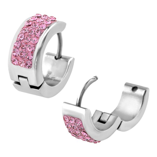 INOX Women's Stainless Steel Huggies and Pink Gem Earrings With 14mm Diameter - CW11JGWBCQB