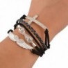 Sanwood Women's Angel Wings Cross Rhinestone Braid Faux Leather Alloy Cuff Bangle Bracelet - Black - CA128ZRRN4H