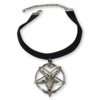 Black Velvet Choker with Baphomet Pentacle Goat Head Pendant Adjustable Size - CI11LNYXPWT