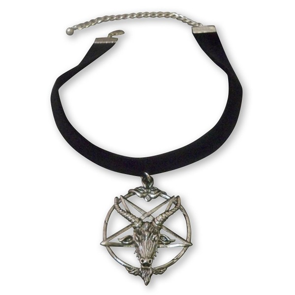 Black Velvet Choker with Baphomet Pentacle Goat Head Pendant Adjustable Size - CI11LNYXPWT