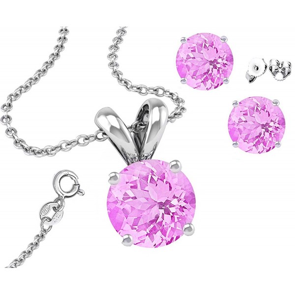 925 Sterling Silver Pink Cubic Zirconia Solitaire Pendant Combo Necklace- Earring and Rolo Chain - CX11B7LVU93