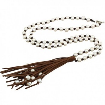 PearlyPearls Long Pearl Necklace with Leather Cord Tassel Vintage Jewelry for Women 39'' Light Brown - CX12HS0GT1P