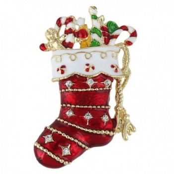EVER FAITH Red Santa Stocking Candy Cane Brooch Austrian Crystal - Gold-Tone - CS11PYU7X3P