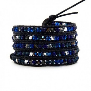 Blue Mix Crystals Wrap Bracelet Black Leather Handmade 5 Multilayer 4mm Beads Woven Bangle - C712EP9I1BD