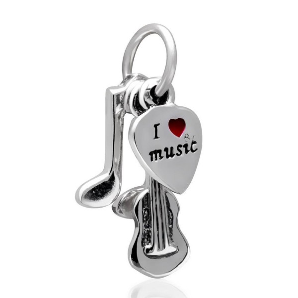 Musical Note-Guitar-I Love Music Red Enamel Heart Charm 925 Sterling Silver Bead for Charms Bracelet - CP12EV8EB5X