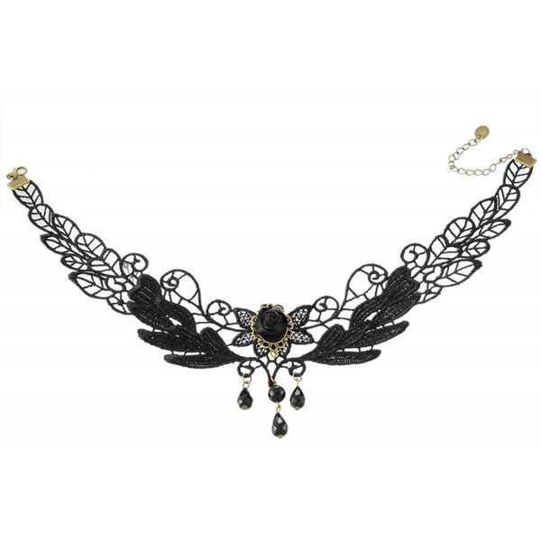 MJARTORIA Halloween Goth Style Vintage Flower Leaf Branch Beads Dangle Lace Choker Collar Necklace Black - CC11X2MN89F