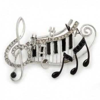 Black- White Enamel- Austrian Crystal Musical Notes Brooch In Silver Tone - 65mm L - C711LJPW505