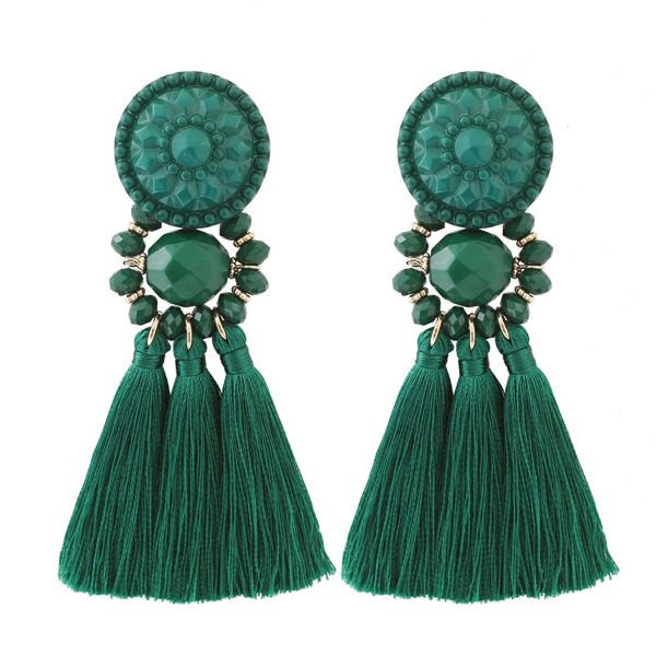 Boderier Bohemian Statement Thread Tassel Chandelier Drop Dangle Earrings with Cassandra Button Stud - Deep Green - CN1870CA9IN