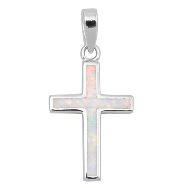 Solid Lab Created White Opal Cross .925 Sterling Silver Pendant - C71264V5SJD