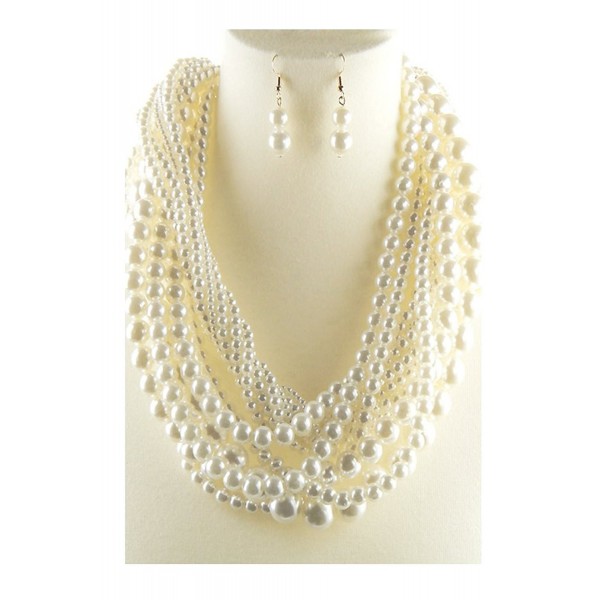 Women's Fashion Multi Twisted Pearl Necklace Set with 2 Drop Pearl Hook Earrings NPY007 (Cream) - CE12IOB0I6J