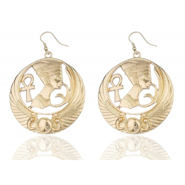 Goldtone Embedded Nefertiti- Ankh Cross and Wings Design Dangle Earrings (R-3663) - CW11GB48OIV