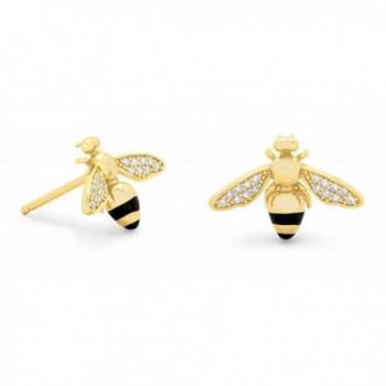 14K Gold Plated Sterling Bee Post Stud Earrings- 1mm CZ Pave- Black Enamel- 5/8 inch - CM183GOLKZT