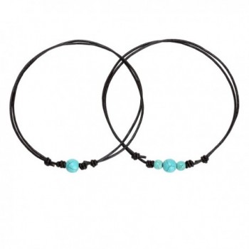 2pcs Synthetic Turquoise Black Leather Cord Choker Necklace For Woman Teen Girls Handmade Jewelry - CK186S62UN2