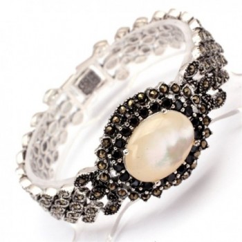 GEM-inside Fashion Jewelry Link Bracelet Oval Stone Beads Tibetan Silver Marcasite 7 Inches - White Shell - C911ZXML187