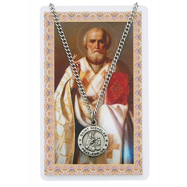 Saint Nicholas 3/4-inch Pewter Medal Pendant Necklace with Holy Prayer Card - CL117J9IN79