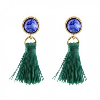 Peony.T Women's Vintage Gemstone Stud Small Tassel Dangle Earrings Thread Drop Earrings - Blue - CG186XRMC92