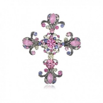 Alilang Antique Silvery Tone Pink Purple Rhinestones Pastel Holy Cross Brooch Pin - CZ116E0Y1QL