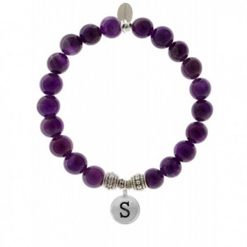 EvaDane Natural Amethyst Gemstone Rope Bead Alphabet Letter S Charm Stretch Bracelet - CW12O8PXI9J