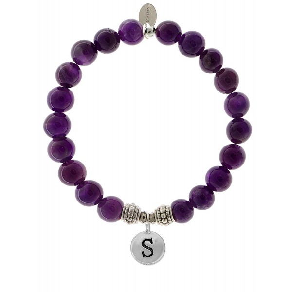 EvaDane Natural Amethyst Gemstone Rope Bead Alphabet Letter S Charm Stretch Bracelet - CW12O8PXI9J