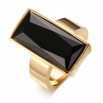 Stainless Steel Gold Plated Rectangle Glass Women's Fashion Ring- Black/Green/white/Blue - CI12C6XJDUD