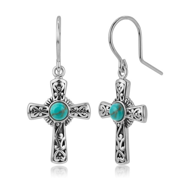 925 Oxidized Sterling Silver Filigree Cross Simulated Turquoise Stone Dangle Hook Earrings 1.3" - C012I6MS3EF