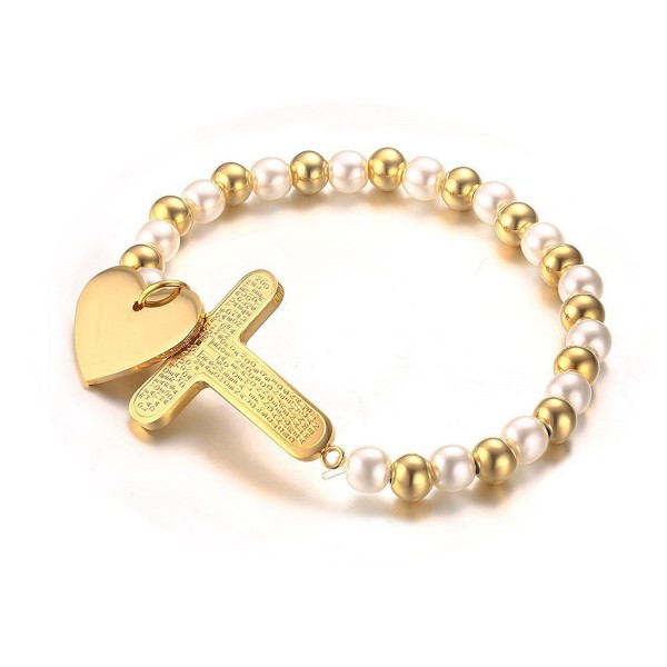 Vnox Womens Two Tone Stainless Steel Bead Heart and Cross Bracelet- Gold Plated-6mm Width - CT12H7ONJ3X