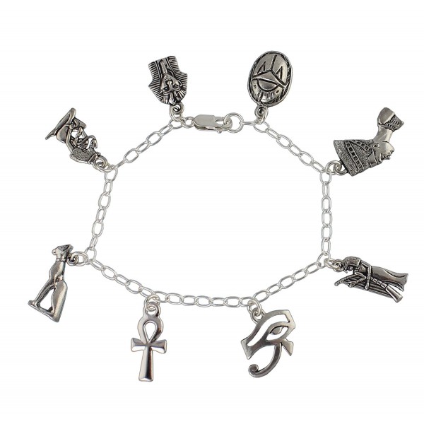 Ancient Egypt Charm Bracelet- Pewter + Sterling Silver- Ankh- King Tut- Cleopatra- Scarab - Sizes XS-XL - CL1884ZNX3K