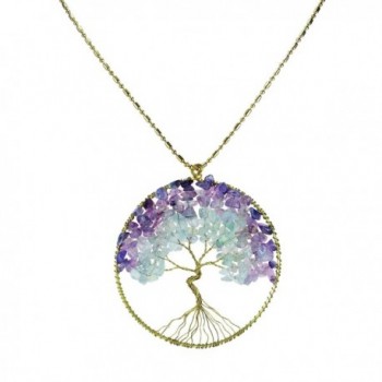Purple Fluorite Green Quartz Stone Eternal Tree of Life Brass Necklace - CE11OY34XBN
