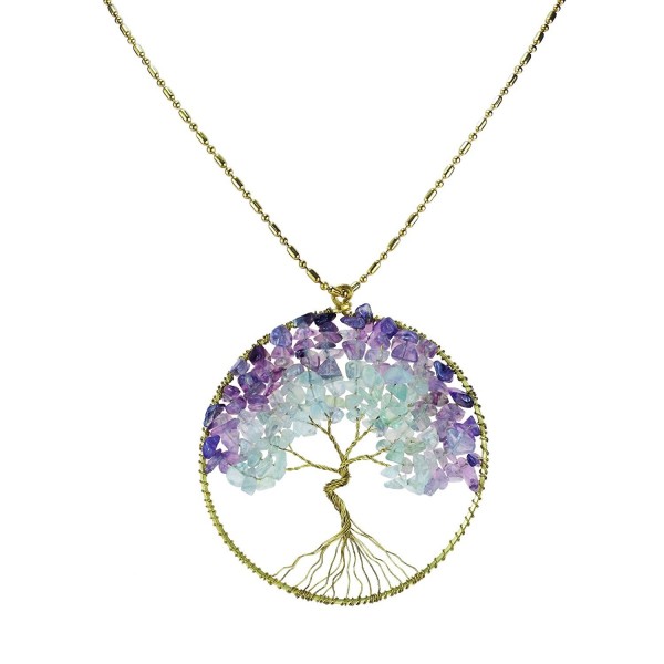 Purple Fluorite Green Quartz Stone Eternal Tree of Life Brass Necklace - CE11OY34XBN