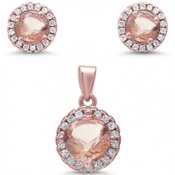Sterling Silver Rose Gold Plated Halo Simulated Morganite & Cubic Zirconia Pendant & Earring - C012NUKSO29