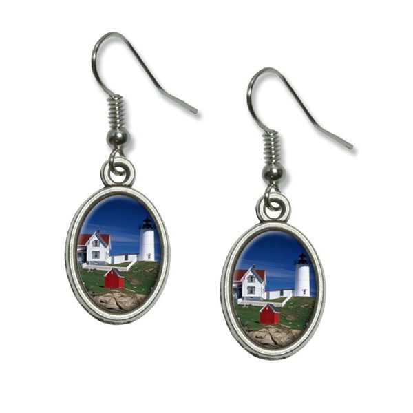 Graphics and More Nubble Lighthouse Maine - Rowboat Novelty Dangling Drop Oval Charm Earrings - CM12MJEXO5T