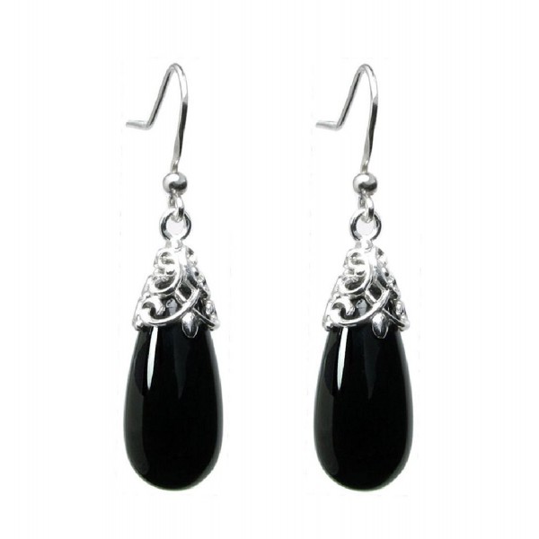 Sterling Silver Black Natural Onyx Teardrop Dangle Filigree Flower French Hook Earrings - CI11MUHF9EZ