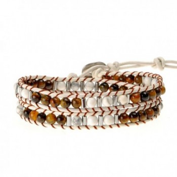 ZLYC Women Hand Woven Two Tone Stone Beaded Leather Cord Two Wraps Bracelet - Brown - CY12B7E670L