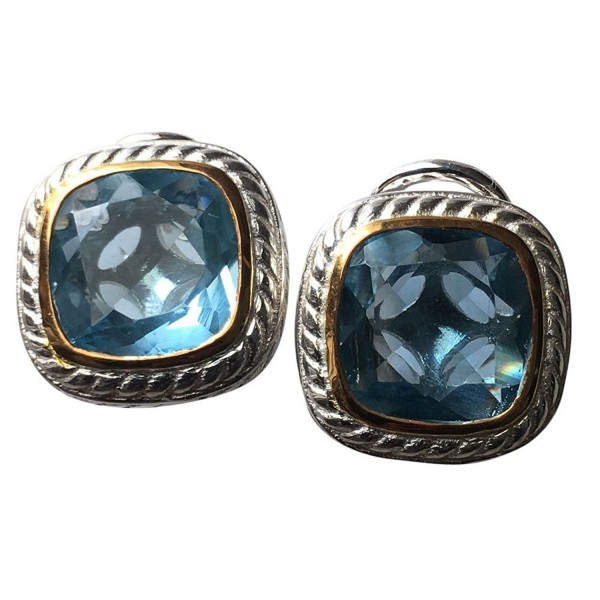 10x10mm Blue Topaz Cushion CZ Stud Cable Twisted Earrings 14k white gold plated - C317AAQEUYW