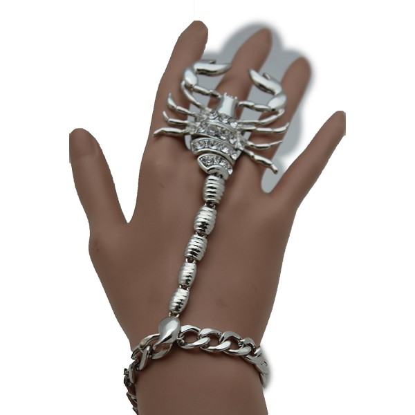 TFJ Women Fashion Jewelry Hand Chain Metal Scorpion Wrist Bracelet Slave Ring Beads Silver - CB128RQLU13