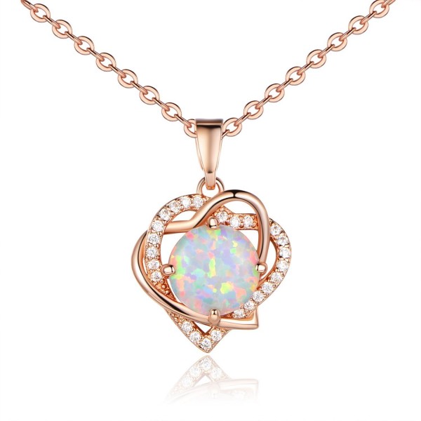 VOLUKA Rose Gold Plated 8mm Round Synthenic Opal Heart Shape CZ Halo Pendants Necklace for Women and Girls - CG188O70USW