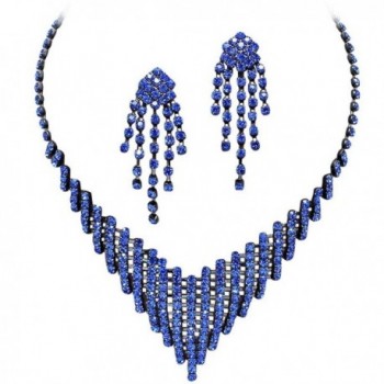 Royal Blue Sapphire Rhinestone Flattering V Style Necklace Set On Grey Metal Prom Bridesmaid Evening V1 - C111VBYTZC5