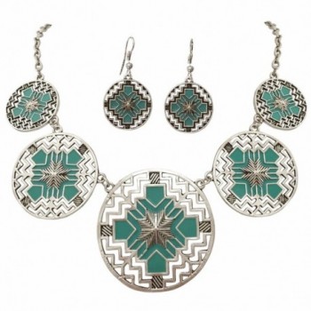 Aztec 5 Disk Cutout Southwestern Look Silver Tone Boutique Style Necklace Earrings Set - BLUE - C412L7M59Q1