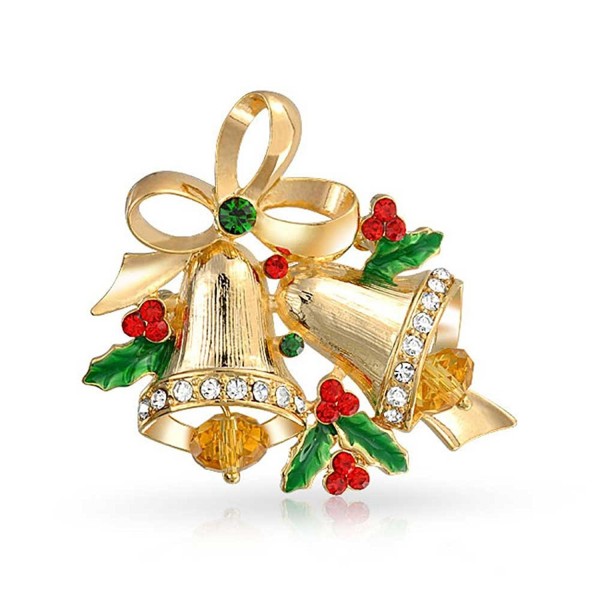 Bling Jewelry Christmas Bells Bow Ribbon Brooch Pin Crystal Gold Plated - CK11HNUPJ99