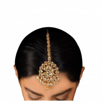 Women's Ethnic Kundan Indian Bridal Party wear Traditional Pearl Maang Tikka Hair Jewelry Golden - CB11UAWG9JZ