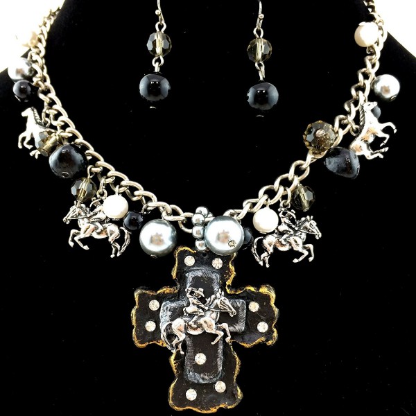 Western Peak Western Horse Rider Cross Pearl Bubble Necklace Set with Earrings - C3129HP9RIL