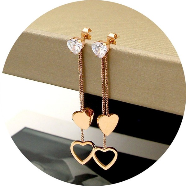 Titanium Steel Rose Gold Plated Hollow Heart Shape Tassel Cubic Zircon Ear Stud Dangle Earrings - Rose Gold Color - CC187OWWO8Q